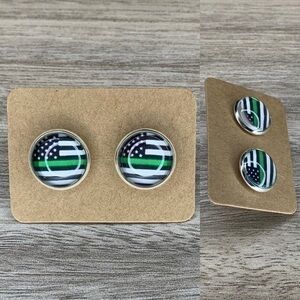 Thin Green Line Military support 12mm round earring set new